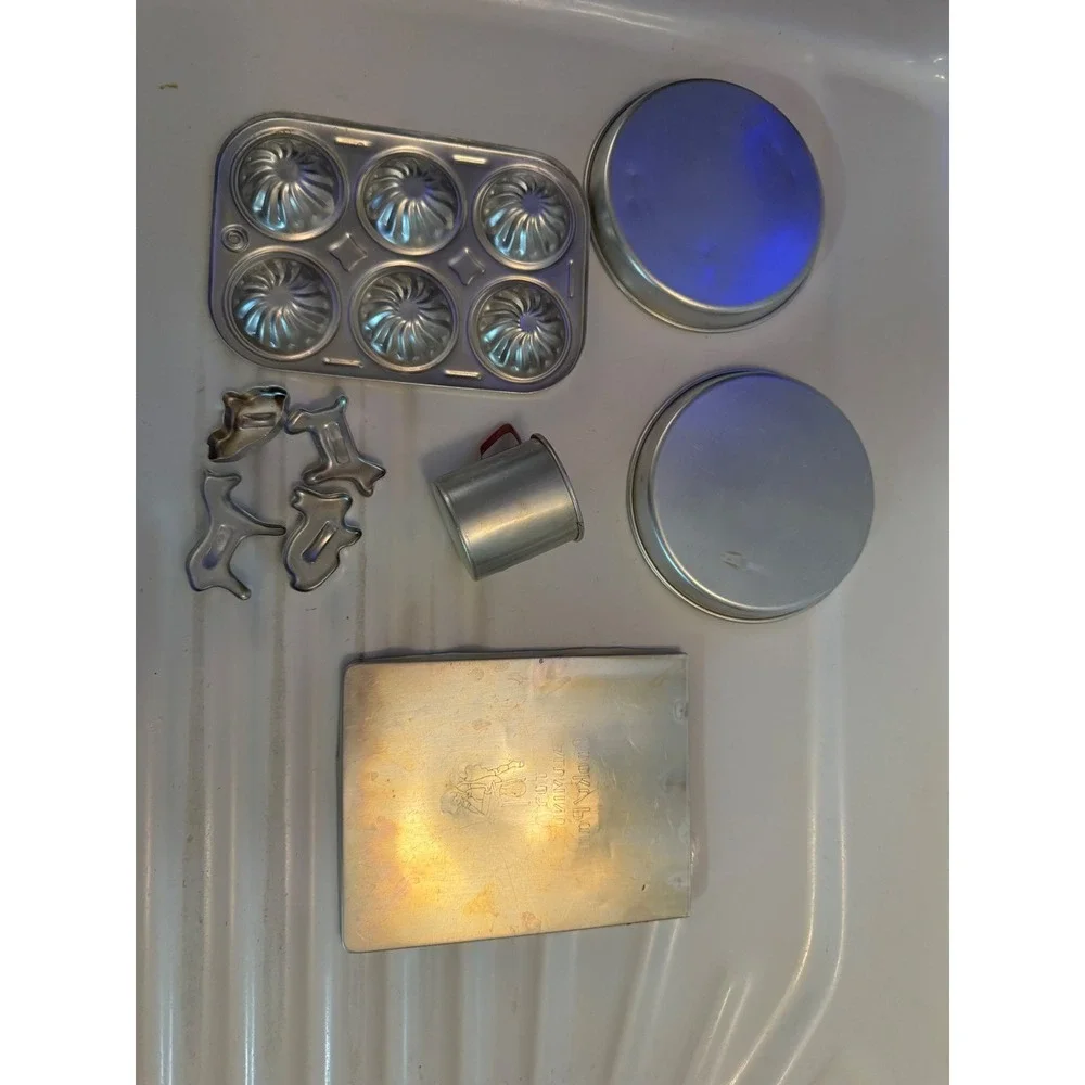 Vintage Toy Aluminum Baking Set Cooky Pan Muffin Tin Measuring Cup Cutters